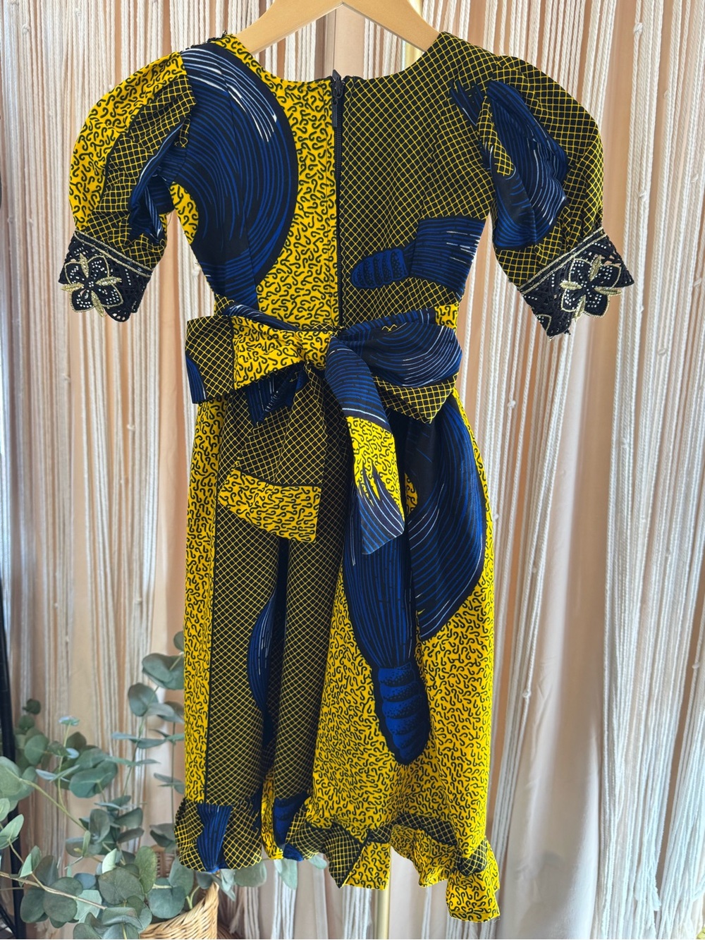 African Wax Print Ankara Children’s short sleeve maxi dress gown lace flower bow - Picture 2 of 16